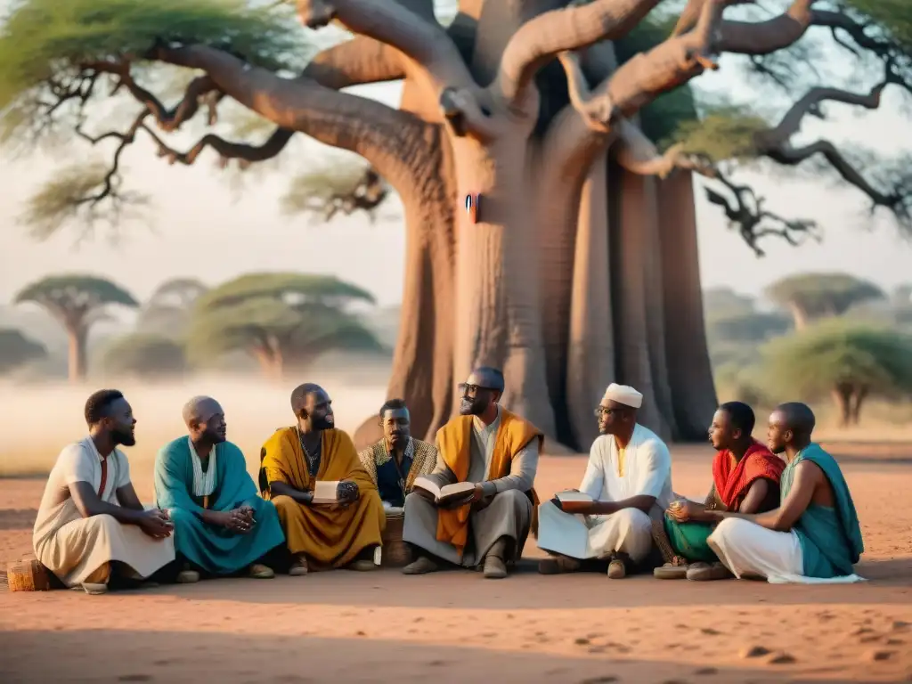 Un grupo diverso de pensadores contemporáneos de filosofía africana conversa bajo un baobab, simbolizando sabiduría y herencia cultural