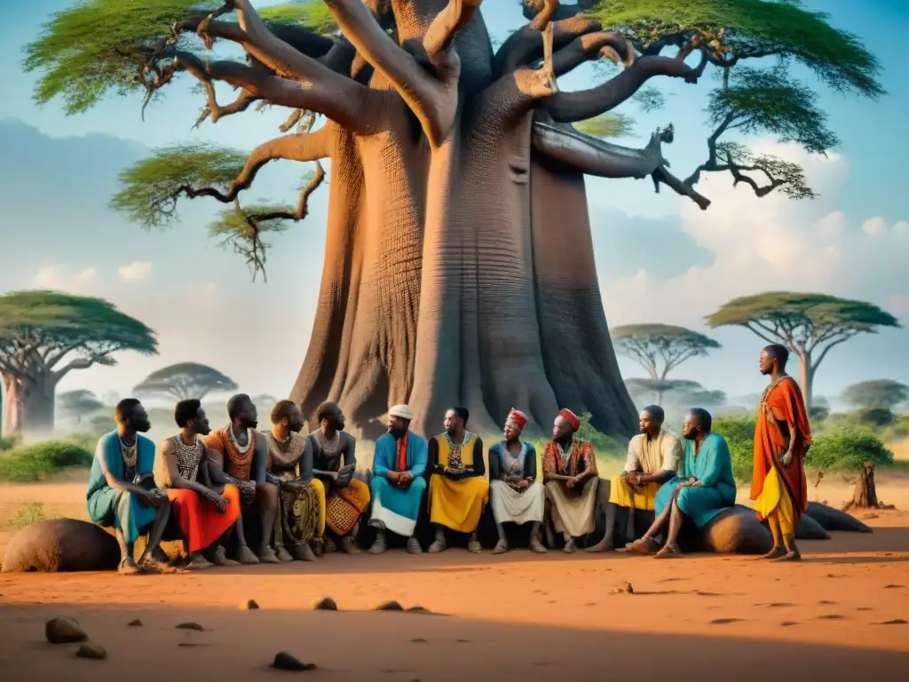 Un grupo diverso de personajes africanos, vistiendo atuendos tradicionales precoloniales, conversa bajo un baobab