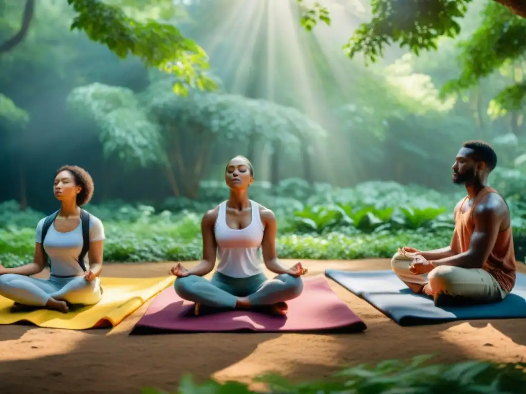 Un grupo diverso de personas de ascendencia africana practica mindfulness al aire libre en un entorno natural