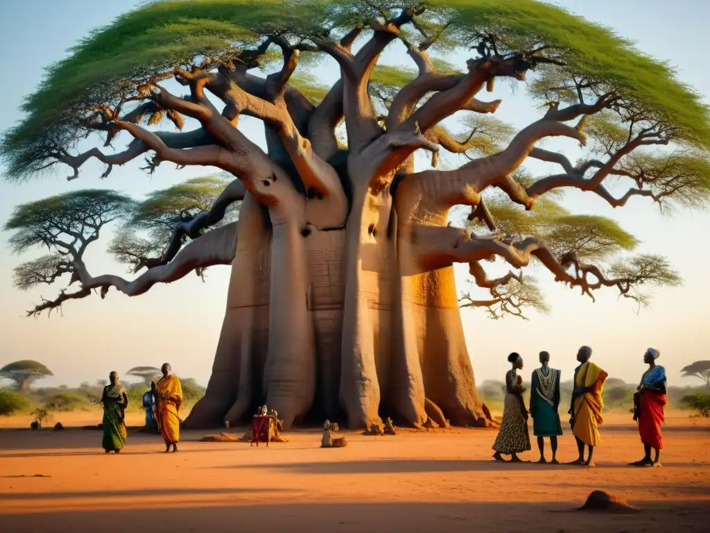 Un grupo diverso de personas colabora en la preservación del patrimonio PanAfricano bajo un Baobab centenario en África