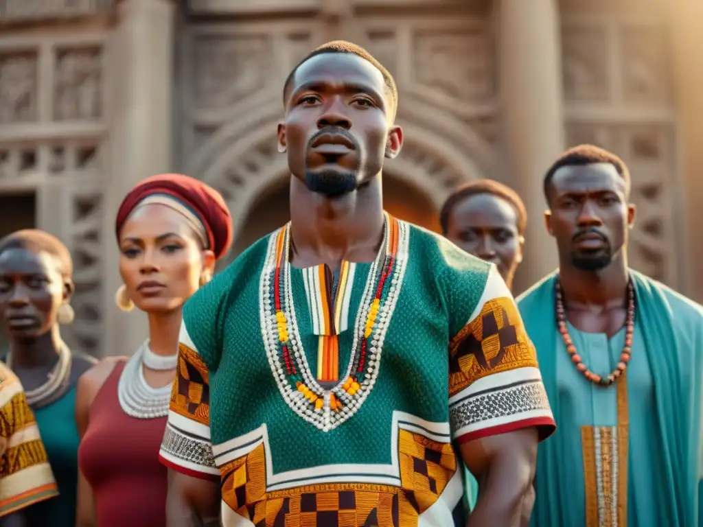 Un grupo diverso de personas en prendas africanas tradicionales, frente a un edificio de piedra histórico, bajo el sol poniente