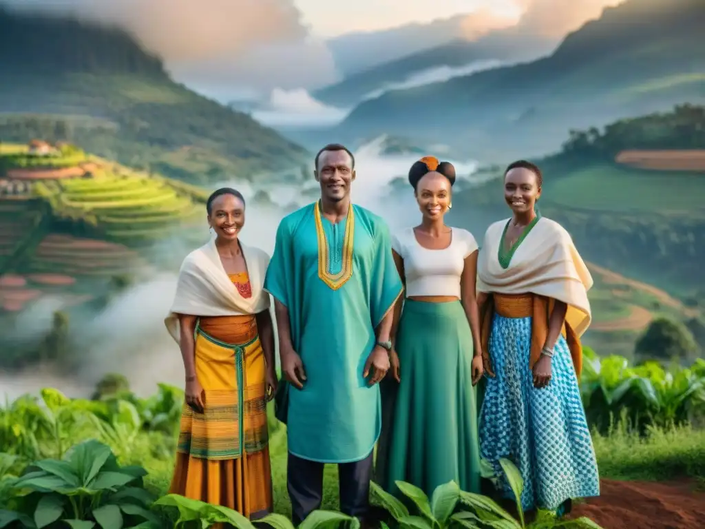 Un grupo diverso de personas de Ruanda, unidas en armonía y sanando heridas, vistiendo trajes tradicionales con paisajes exuberantes de fondo