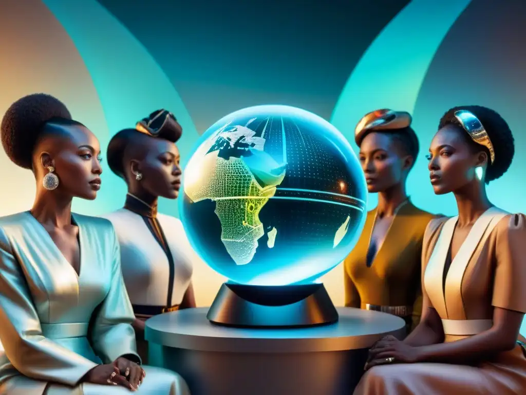 Un grupo diverso de pioneros del Afrofuturismo rodea un globo holográfico, fusionando raíces africanas con influencia global