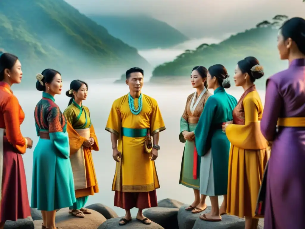 Un grupo diverso en Asia realiza rituales de descolonización, con colores vibrantes y detalles únicos