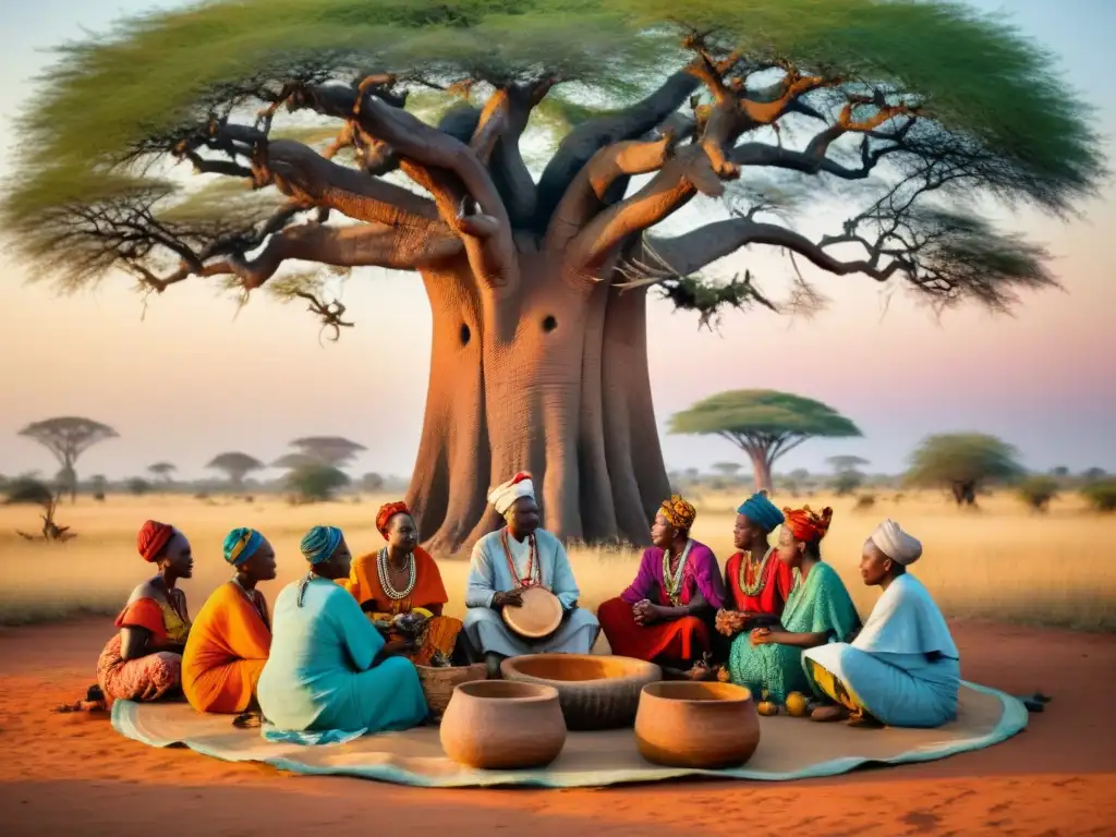 Un grupo diverso de sanadores tradicionales en África bajo un baobab, practicando curas