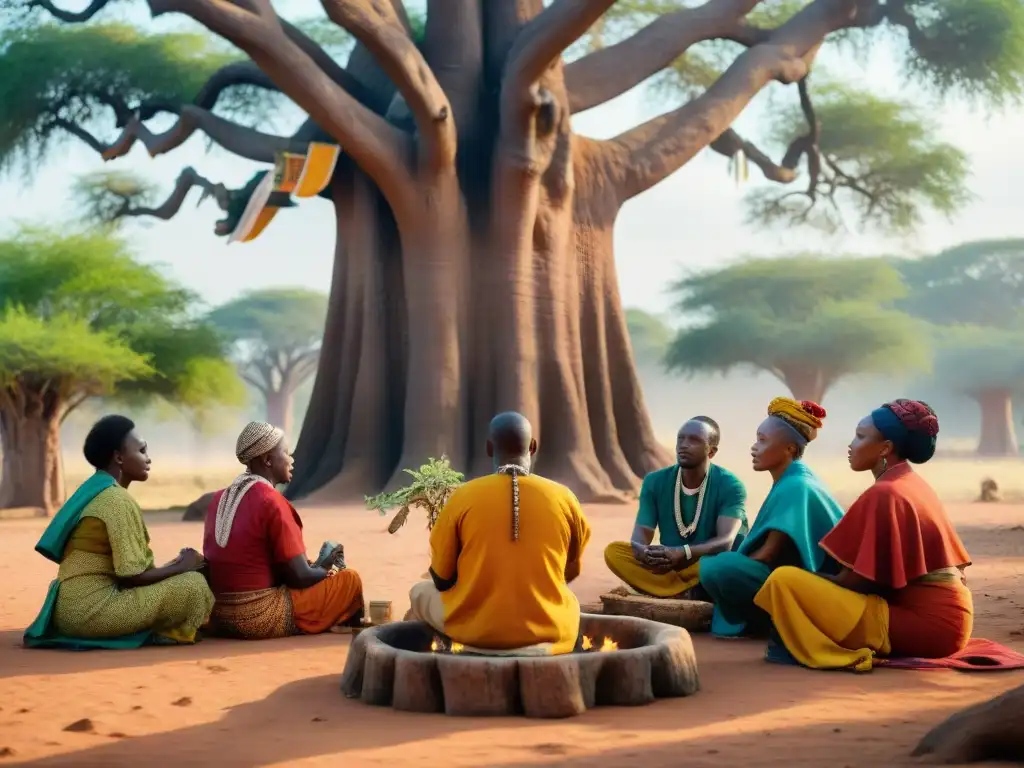 Grupo diverso de sanadores tradicionales africanos discutiendo bajo un baobab, rodeados de hierbas secas y raíces