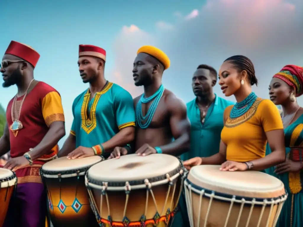 Grupo diverso tocando tambores africanos bajo un cielo estrellado, mostrando influencia global de tradiciones diáspora africana