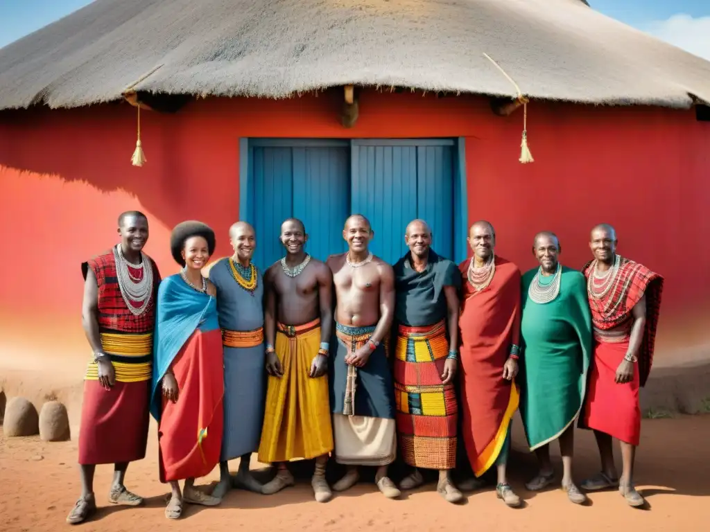 Grupo diverso de tanzanos frente a una choza maasai, simbolizando unidad y diversidad cultural en Tanzania bajo la influencia global del colonialismo