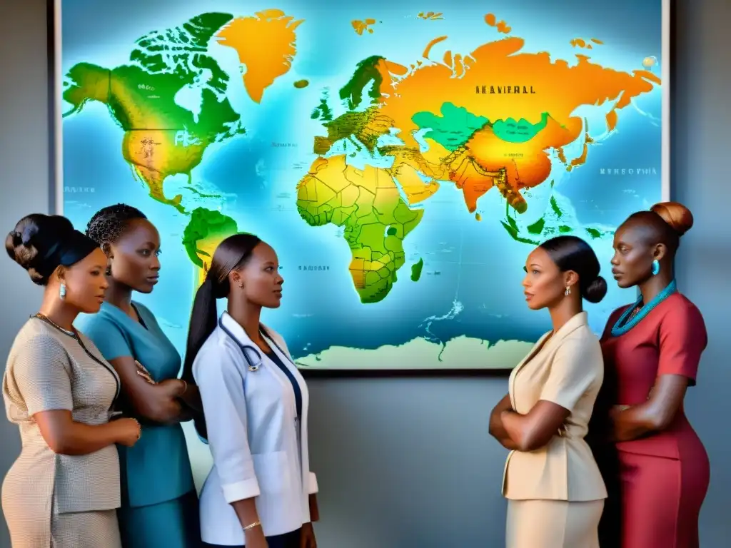 Grupo diverso de trabajadores de la salud en África, fusionando prácticas tradicionales y modernas en estrategias globales de salud