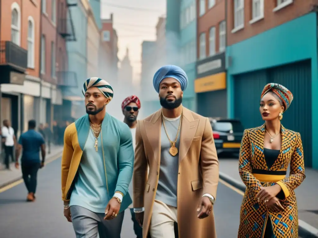 Un grupo diverso con turbantes coloridos y patrones únicos, fusionando moda urbana y raíces africanas en una calle bulliciosa