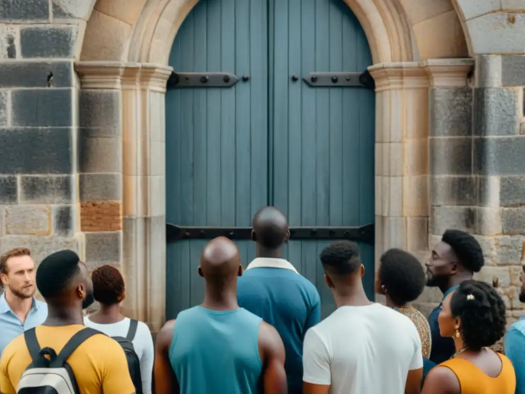 Grupo diverso de turistas escucha la historia en Elmina Castle, mostrando respeto y tristeza