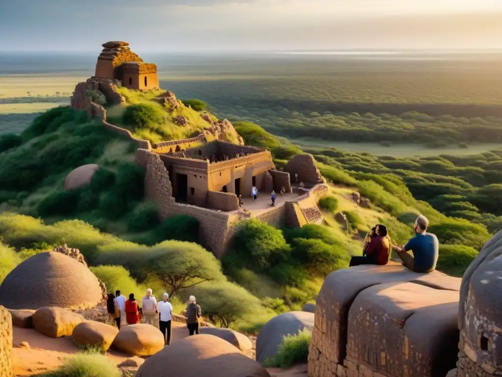 Un grupo diverso de turistas maravillados escucha a un guía en las ruinas de Mapungubwe, con influencia global de civilizaciones africanas