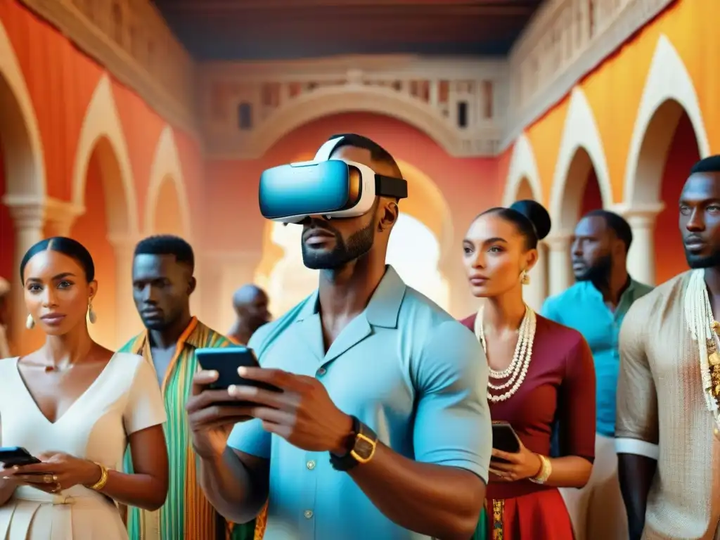 Grupo diverso de turistas explorando Reinos africanos con apps de realidad virtual, sumergidos en la cultura y la historia