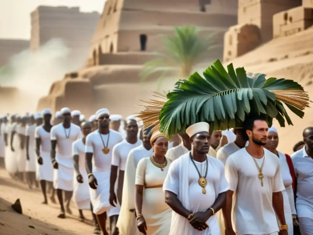 Grupo de dolientes nubios modernos en ritos funerarios, junto al Nilo, con templo egipcio de fondo