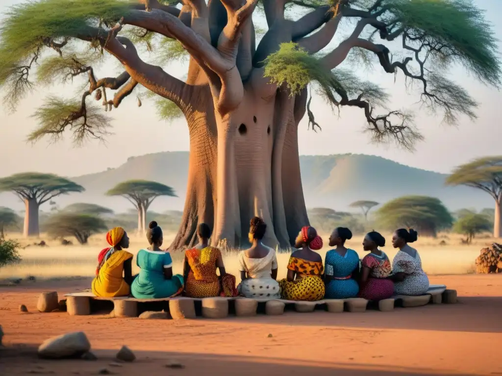 Un grupo de educadoras africanas se reúnen bajo un baobab, compartiendo conocimiento y cultura, en un escenario empoderador