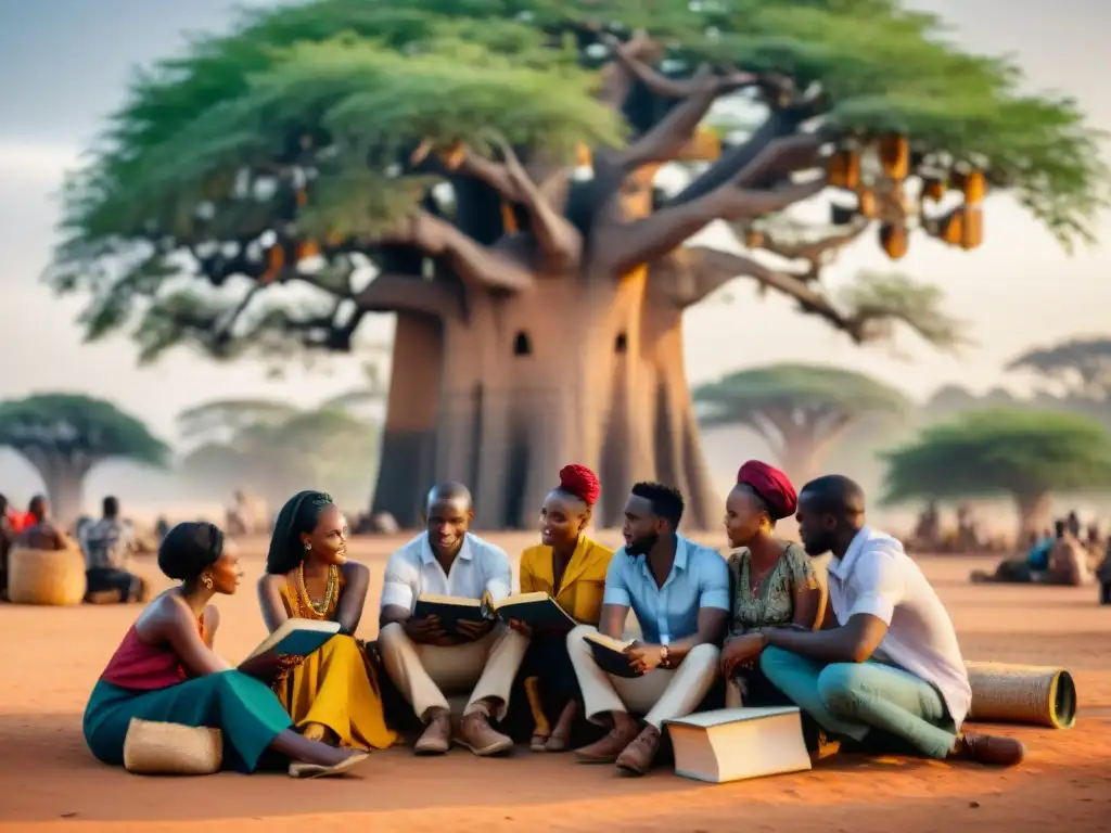 Un grupo de emprendedores africanos bajo un baobab, rodeados de libros y laptops