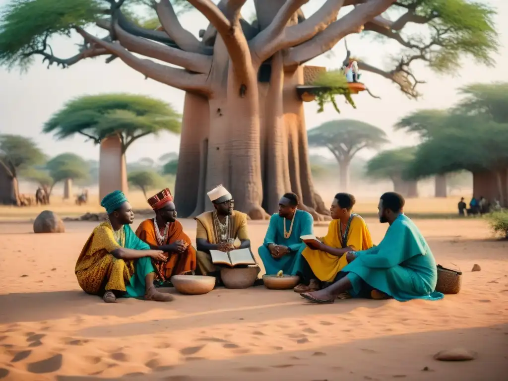 Grupo de eruditos africanos debatiendo bajo un baobab sobre sistemas de escritura en África