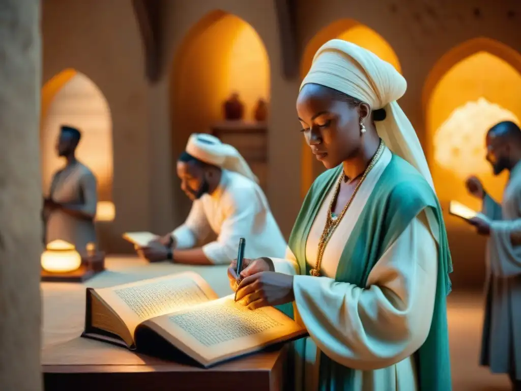 Grupo de eruditos africanos examinando manuscritos del Sahel en ambiente cultural