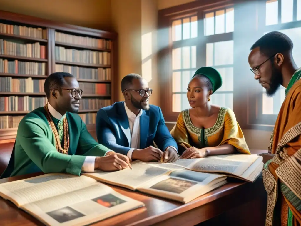 Un grupo de eruditos africanos se reúne alrededor de una mesa llena de revistas y periódicos históricos, discutiendo con entusiasmo