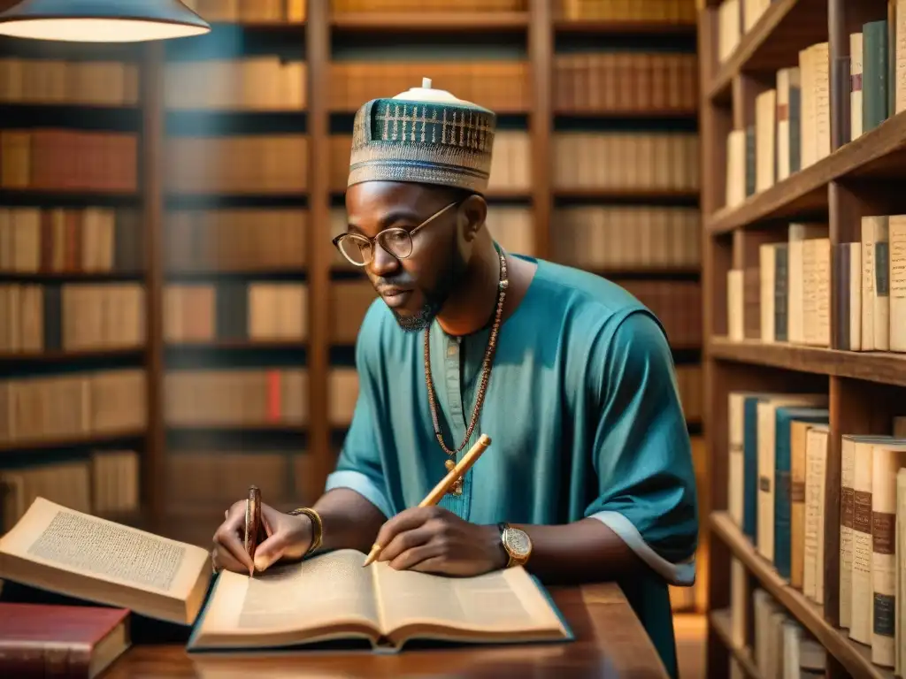 Grupo de eruditos africanos discutiendo rodeados de antiguos manuscritos, resaltando la diversidad de lenguas africanas