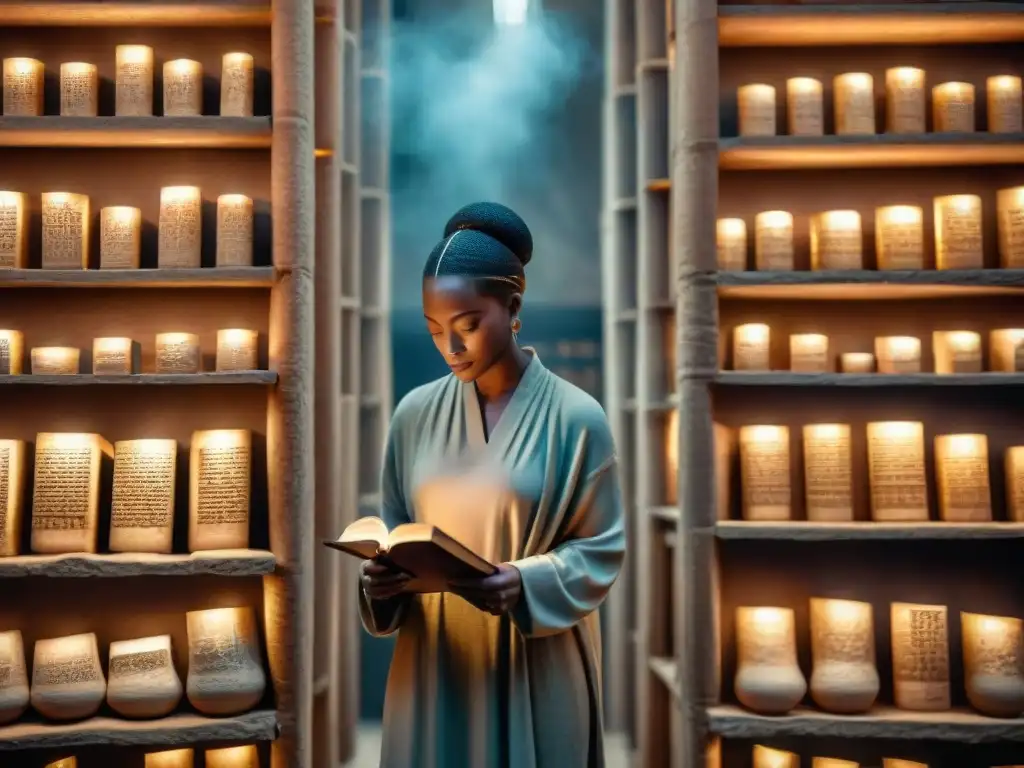 Grupo de eruditos estudian escritura antigua en África en tablillas de piedra, rodeados de libros y pergaminos antiguos