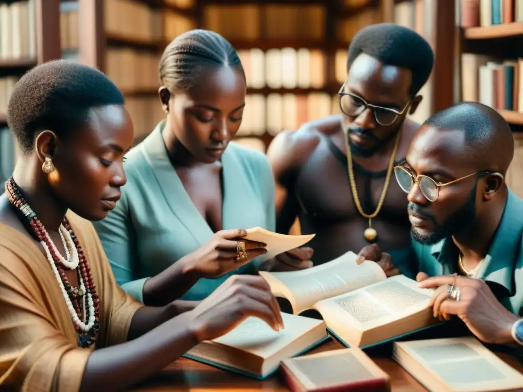 Grupo de eruditos analizando manuscritos antiguos en lenguas Níger-Congo bajo luz natural