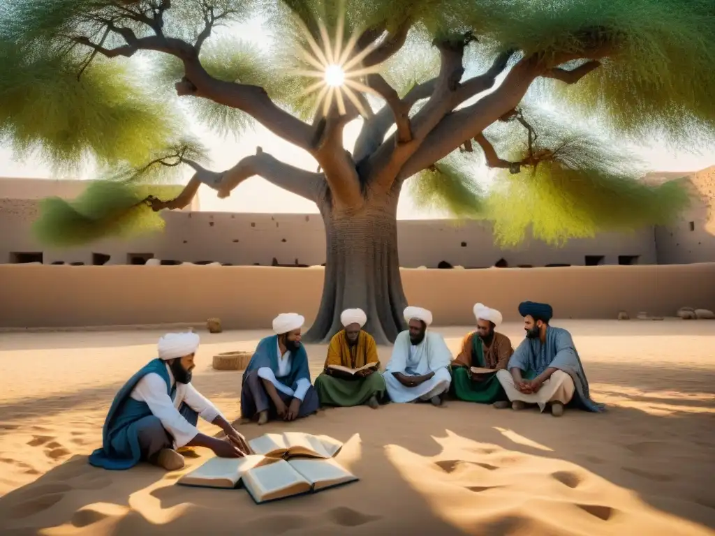 Grupo de eruditos estudiando manuscritos antiguos bajo un árbol en Timbuktú, en medio de libros y pergaminos