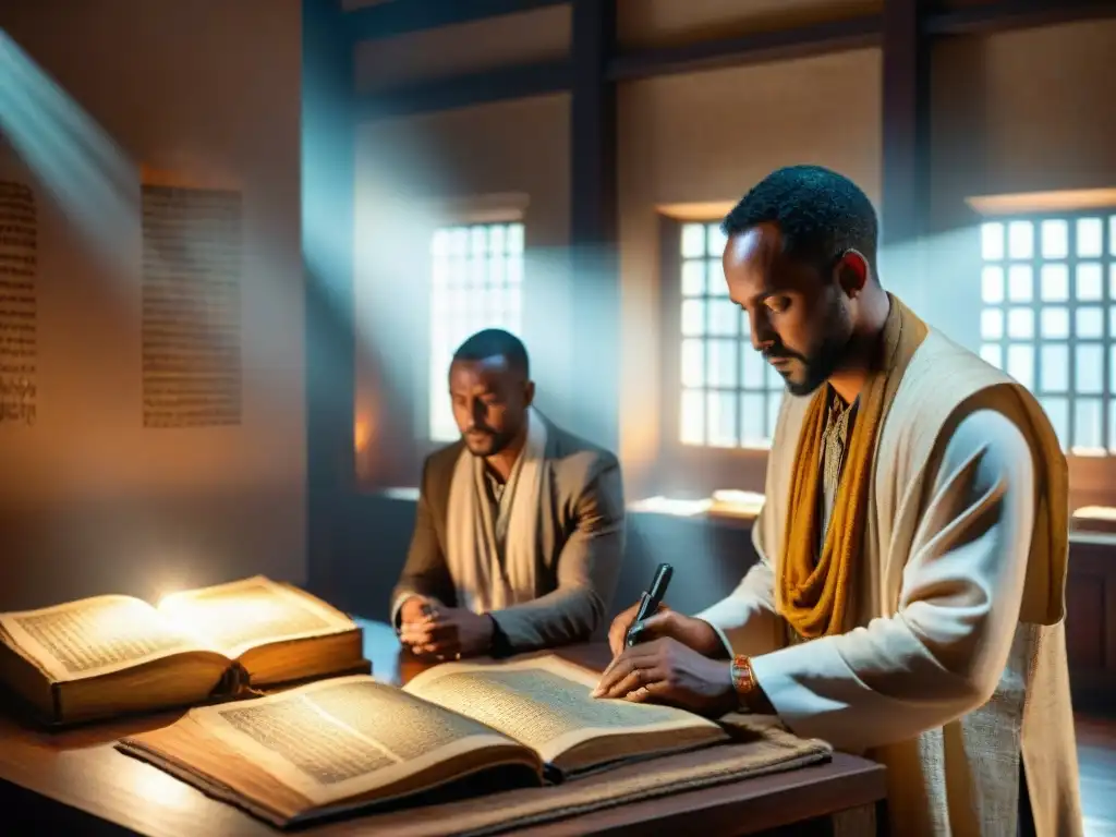 Un grupo de eruditos estudia manuscritos etíopes en una habitación iluminada por rayos de sol, resaltando la Escritura antigua en África