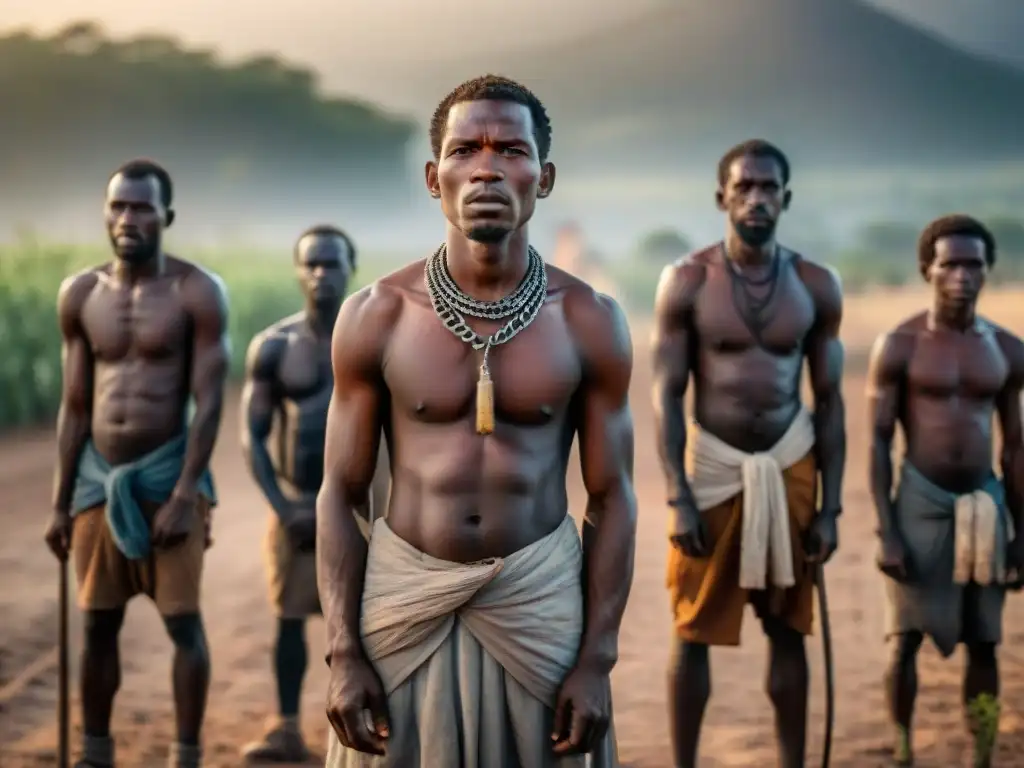 Grupo de esclavos en reinos africanos trabajando en campos bajo el sol abrasador, con expresiones cansadas y cadenas en los tobillos