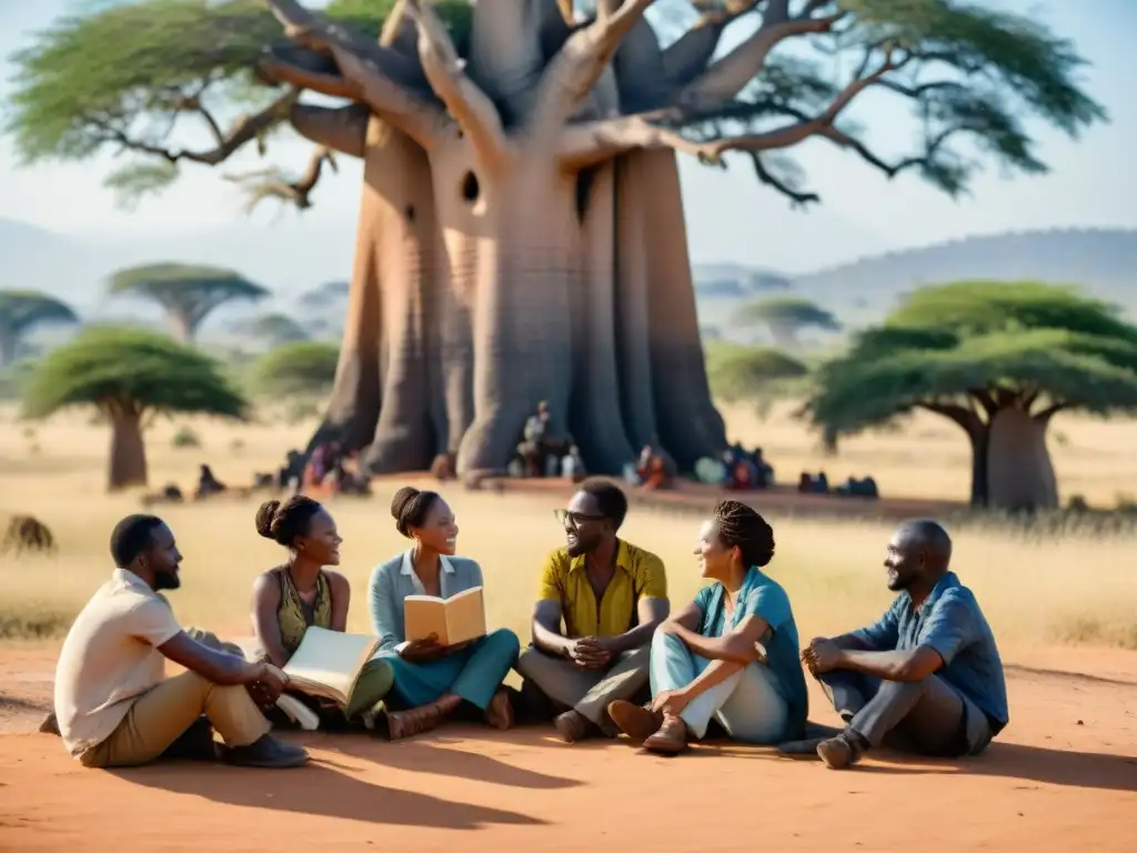 Escritores africanos debatiendo bajo el baobab Un grupo de escritores africanos colaborando bajo un baobab, desafiando narrativas coloniales