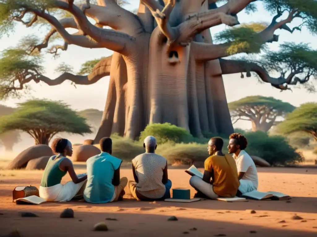 Un grupo de escritores africanos bajo un baobab, discutiendo narrativas espirituales africanas literatura mundial