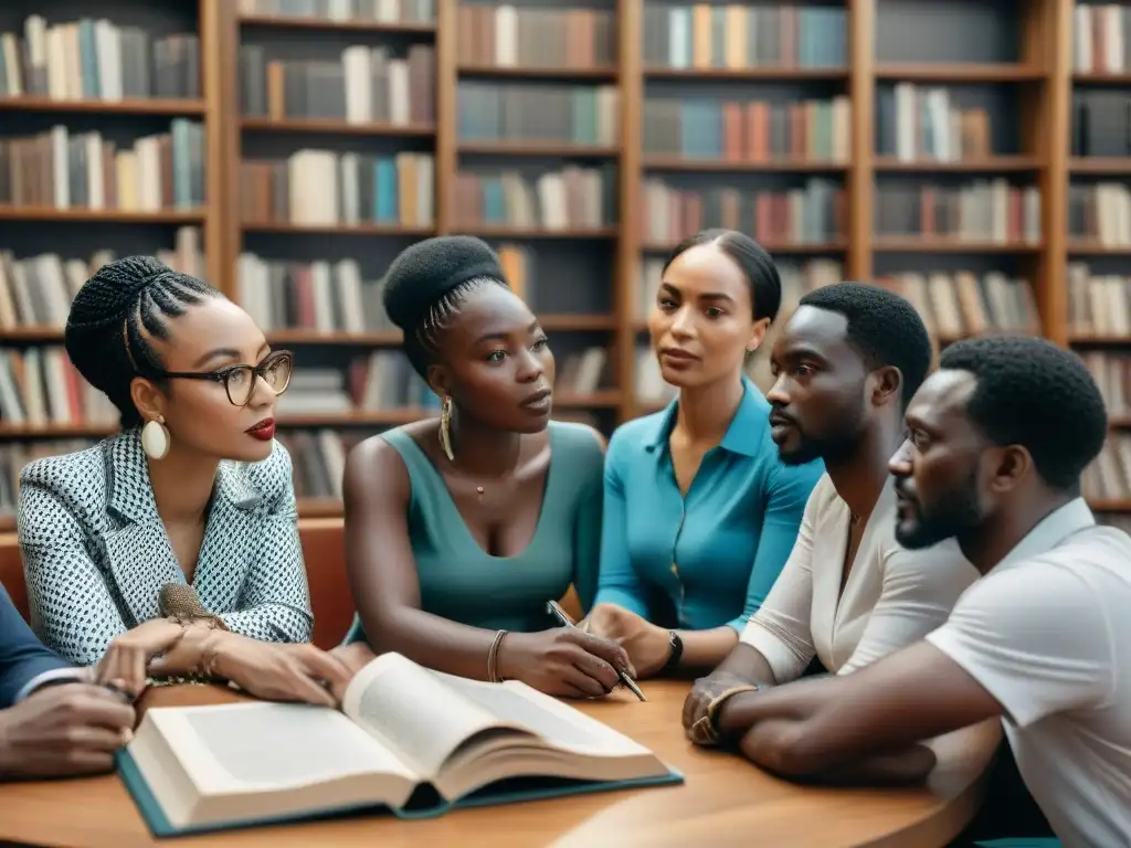 Escritores africanos en profunda colaboración literaria Grupo de escritores africanos discutiendo en colaboración, mostrando determinación e intercambio intelectual, rodeados de libros y arte africano