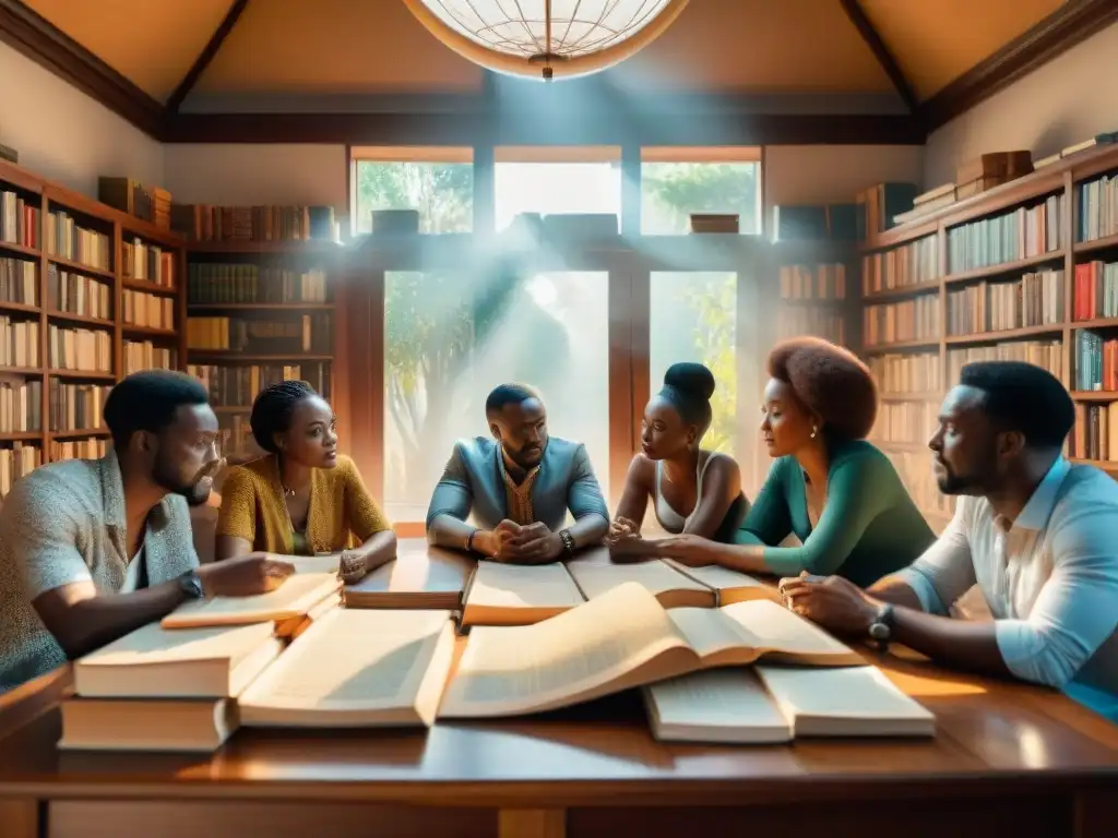 Un grupo de escritores africanos diversos se reúnen alrededor de una mesa llena de libros y papeles, discutiendo intensamente