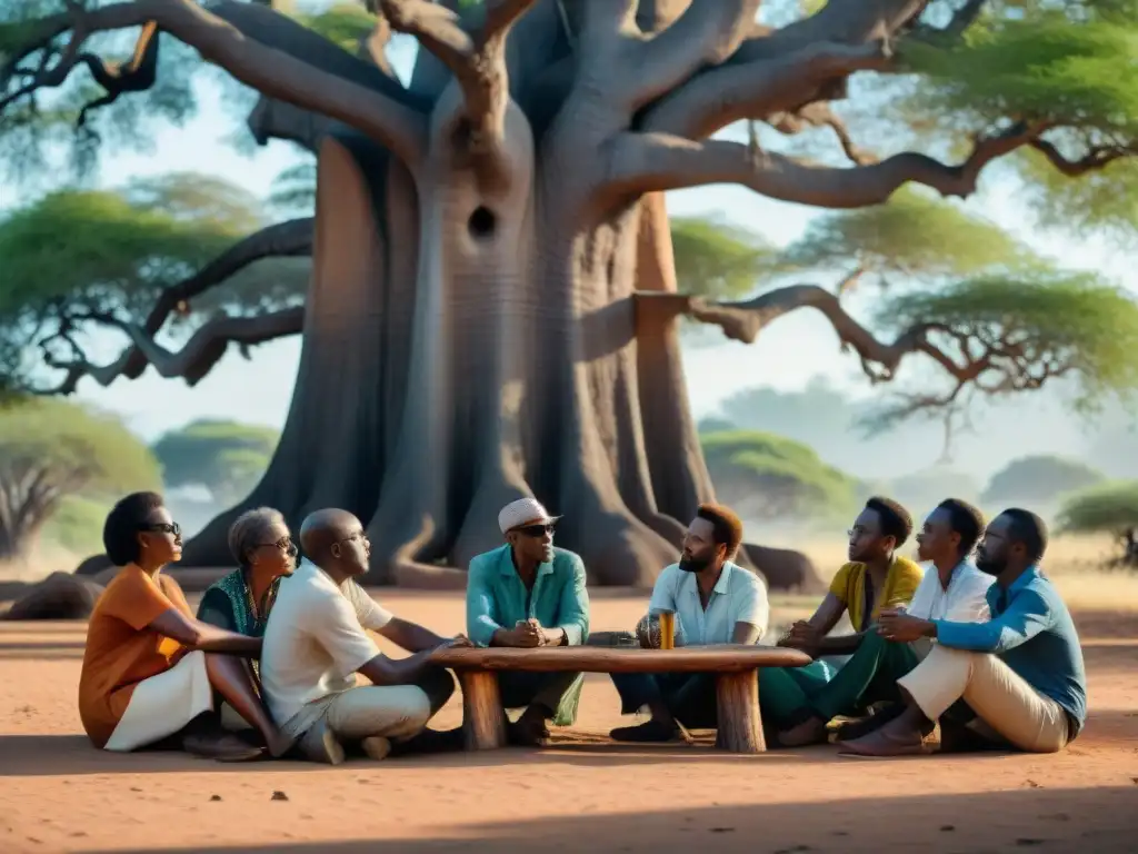 Grupo de escritores africanos compartiendo historias olvidadas bajo un baobab centenario