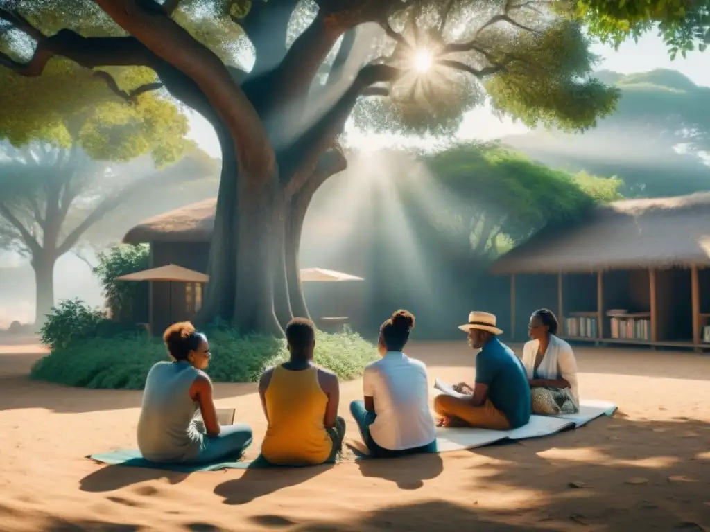 Escritores africanos unidos bajo el árbol: colaboración literaria Grupo de escritores africanos trabajando juntos bajo un árbol, transmitiendo literatura resistencia Africa colonial