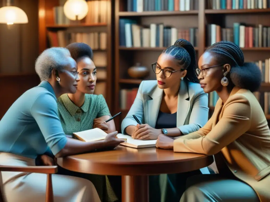 Conversación literaria: escritores africanos debaten la descolonización Grupo de escritores africanos de mediados del siglo XX debatiendo sobre literatura y resistencia colonial en una sala iluminada