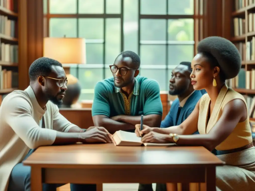 Un grupo de escritores africanos conversando apasionadamente en una mesa redonda, rodeados de libros y artefactos africanos, en un ambiente luminoso