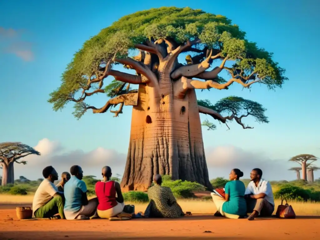 Grupo de escritores africanos reunidos alrededor de un antiguo baobab, debatiendo historias olvidadas bajo el cielo azul africano