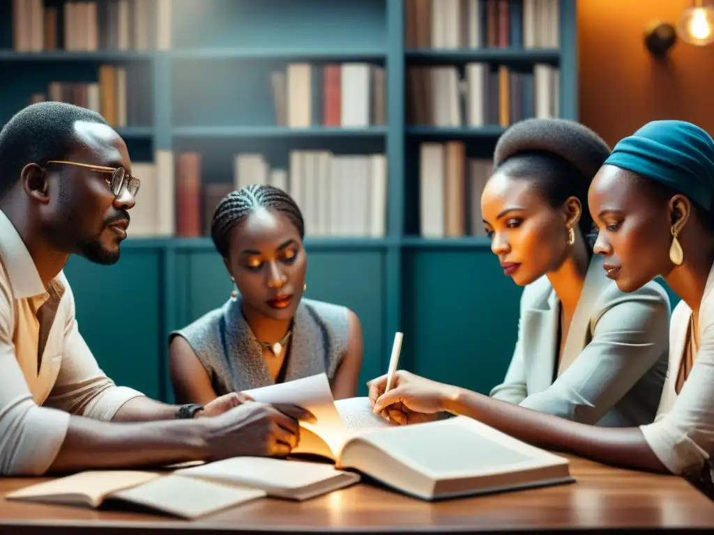 Un grupo de escritores africanos colaborando y debatiendo intensamente, rodeados de libros y papeles