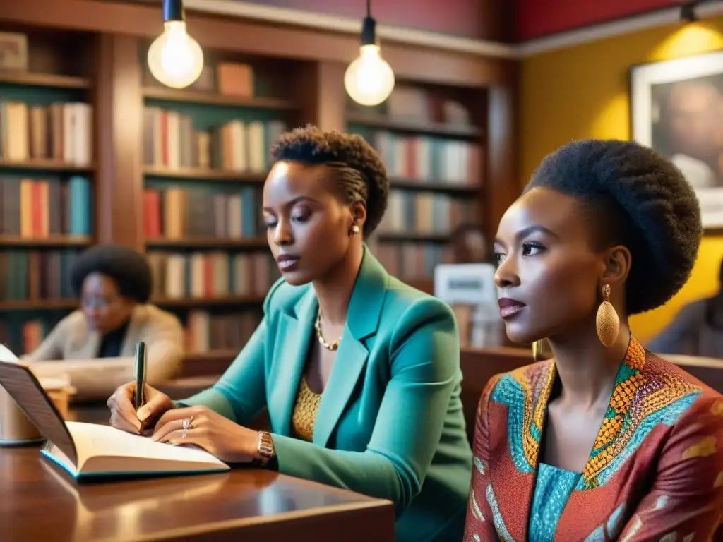 Grupo de escritores de ascendencia africana concentrados en café literario, transmitiendo pasión y creatividad