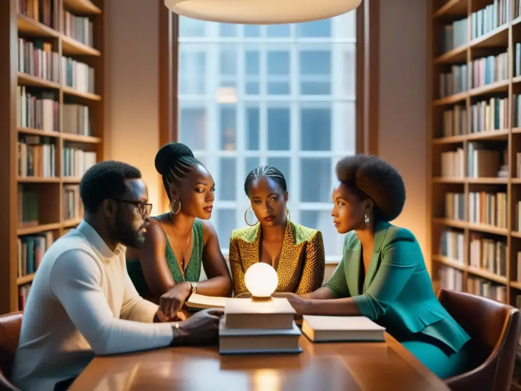 Grupo de escritores de la diáspora africana compartiendo historias en una mesa redonda, rodeados de libros diversos