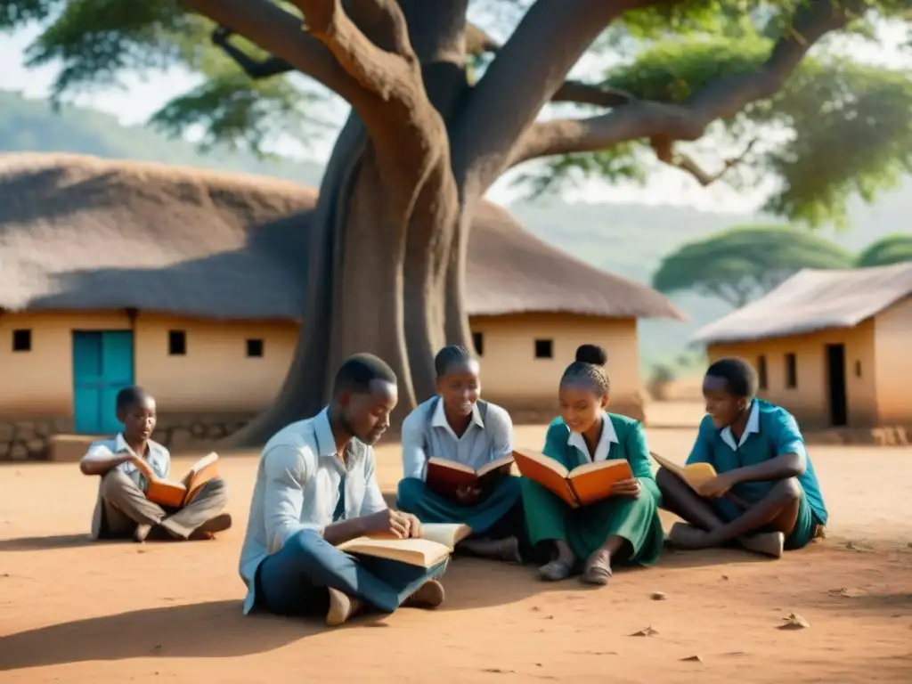 Un grupo de estudiantes africanos colaborando bajo un árbol en una aldea rural