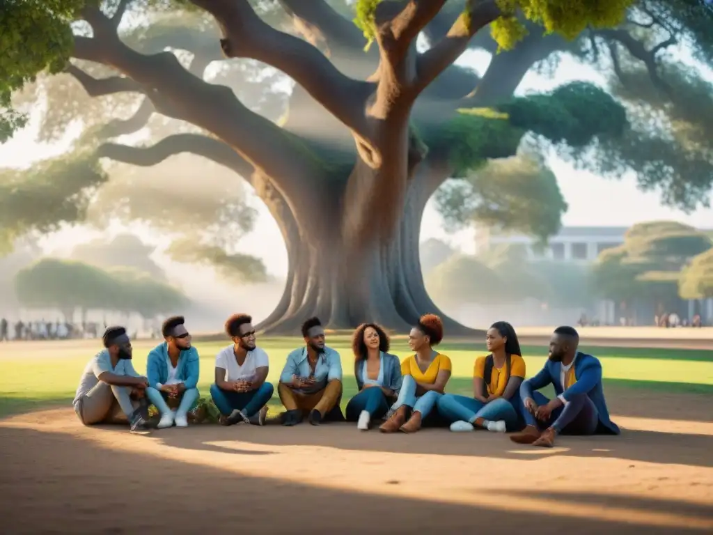 Grupo de estudiantes africanos debatiendo bajo un árbol en campus universitario