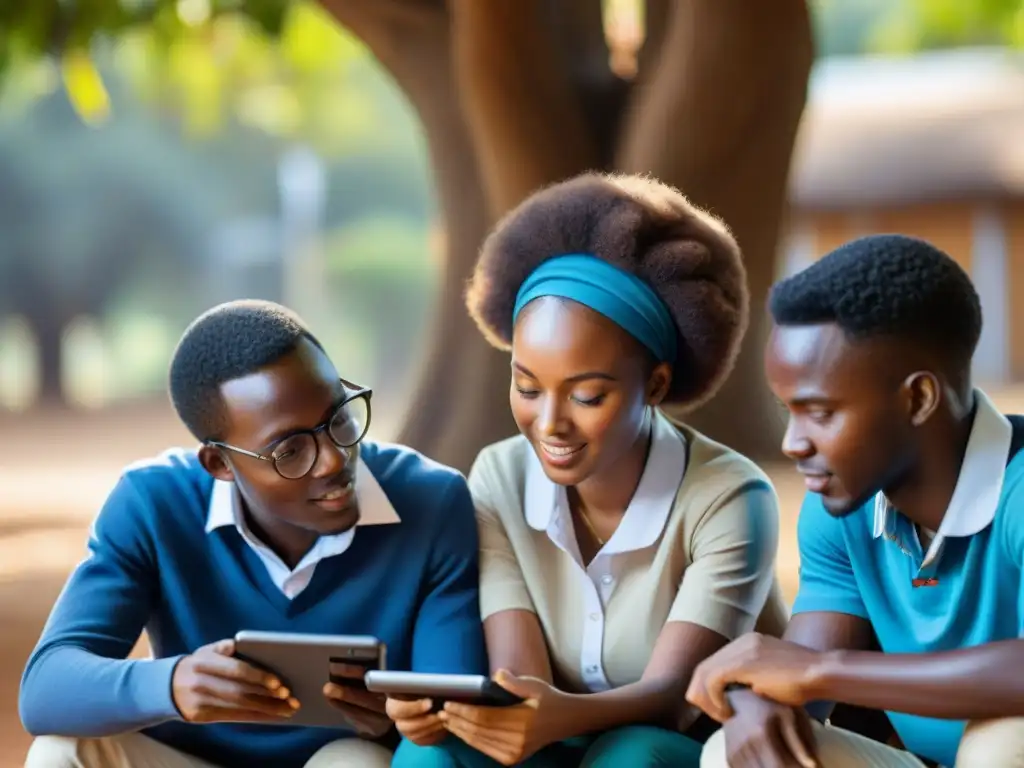 Un grupo de jóvenes estudiantes africanos aprendiendo digitalmente bajo un árbol, mezclando lo tradicional con lo moderno