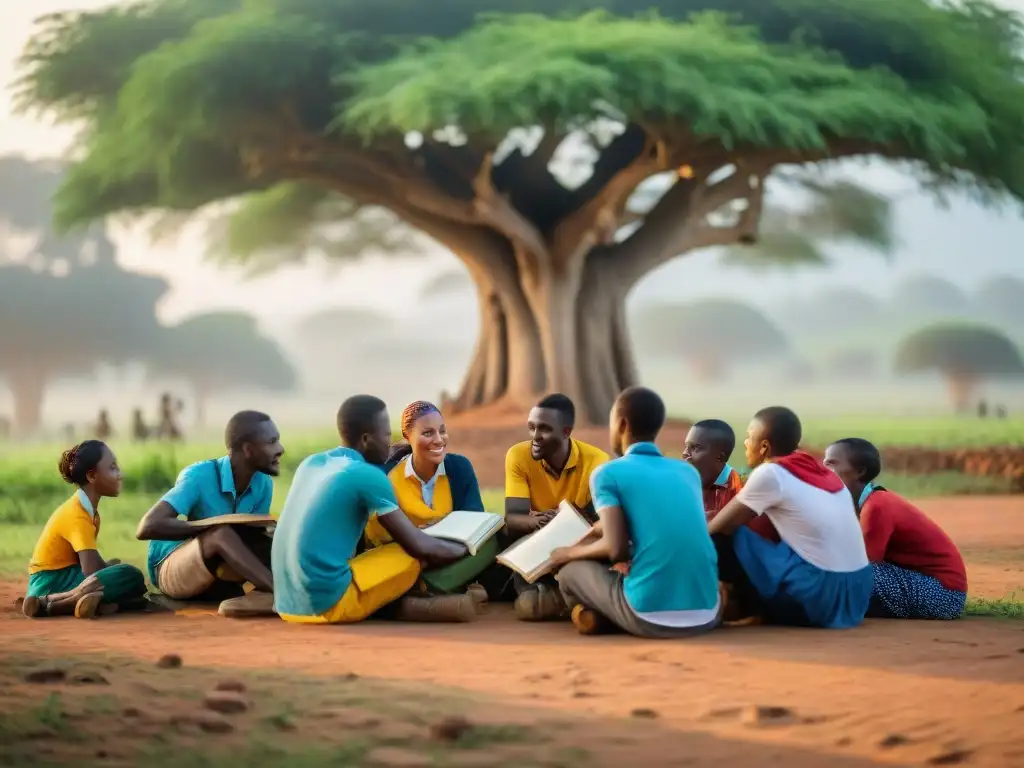 Grupo de estudiantes africanos bajo un árbol, discutiendo animadamente sobre educación bilingüe en África