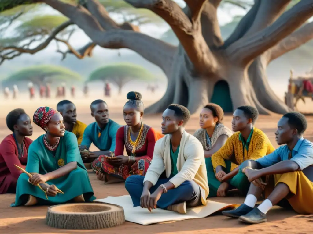 Un grupo de jóvenes estudiantes africanos aprenden arte ancestral bajo un árbol