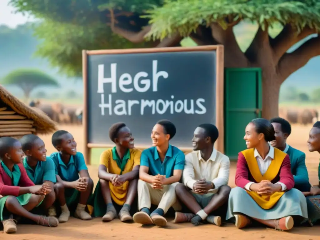 Grupo de jóvenes estudiantes africanos en atuendos tradicionales debatiendo animadamente bajo un árbol en una aldea rural