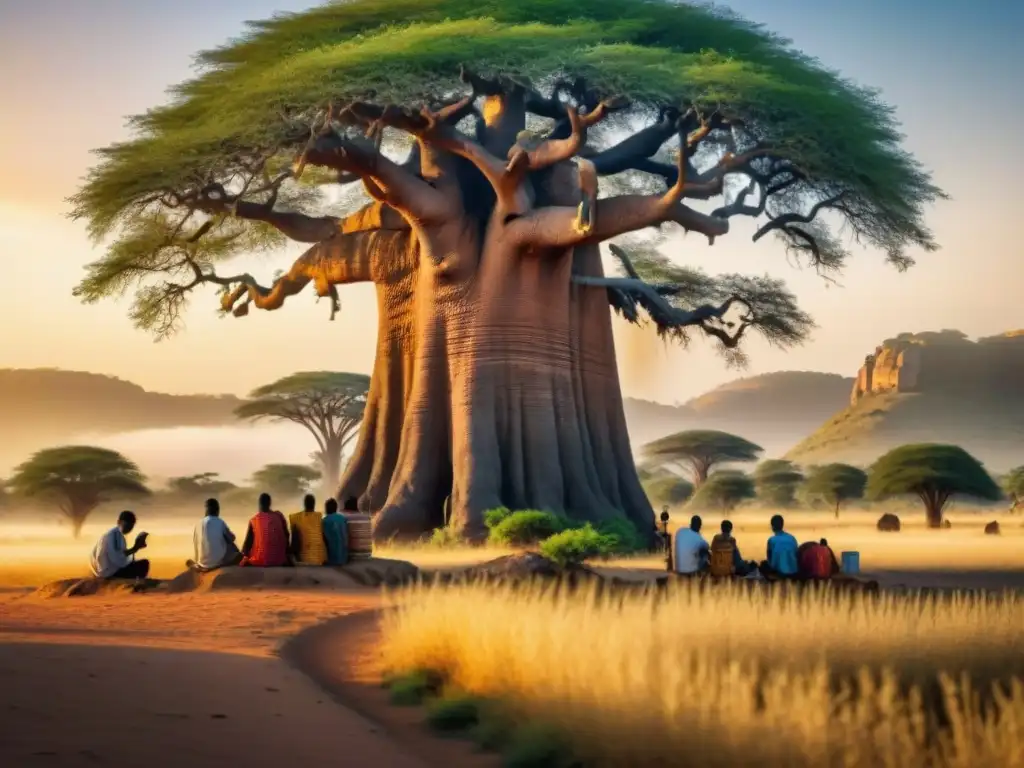 Un grupo de jóvenes estudiantes africanos bajo un baobab, usando apps educativas que celebran tradiciones de reinos africanos