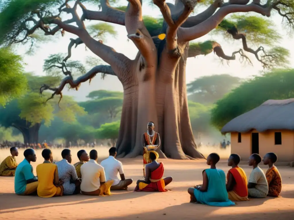 Un grupo de jóvenes estudiantes africanos participando en una ceremonia religiosa bajo un baobab