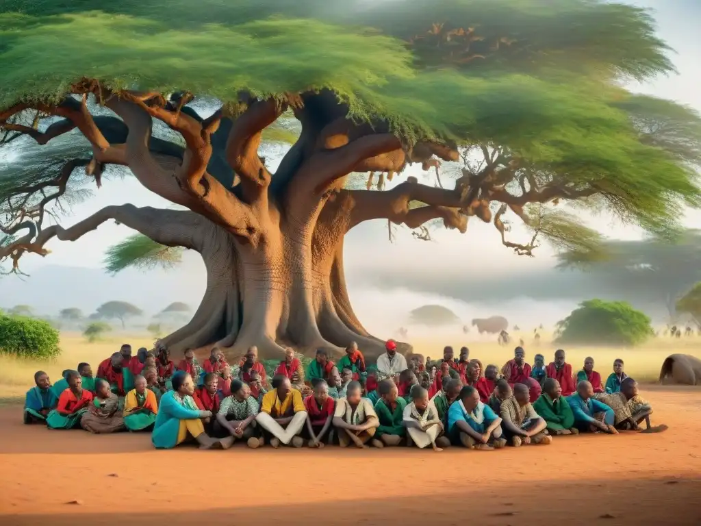 Grupo de estudiantes africanos escuchando cuentos tradicionales bajo un árbol, fusionando métodos educativos tradicionales en África